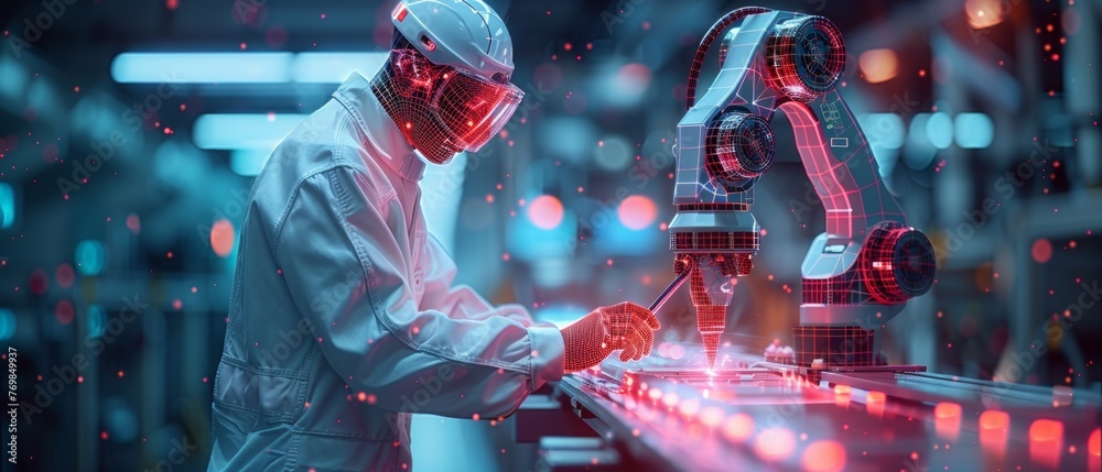 Aufkleber Abstract polygonal engineer holding tablet and controlling robotic arm. Smart technology manufacturing process in dark blue.  image of industrial technology and automation.