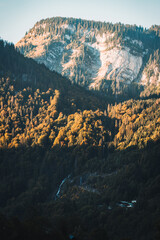 Sunlight shining on mountain peak with pine forest in autumn at French Alps - 769849939