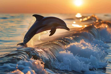 Foto op Canvas dolphin leaping over ocean waves at sunrise © primopiano