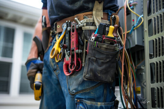 A close-up shot of an air conditioner installer tool belt. The focus is on the variety of tools, each with a specific purpose in the installation process