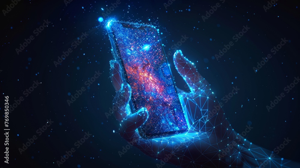 Aufkleber hand holding a phone, abstract low-poly wireframe technology illustration. blue color with stars. sc