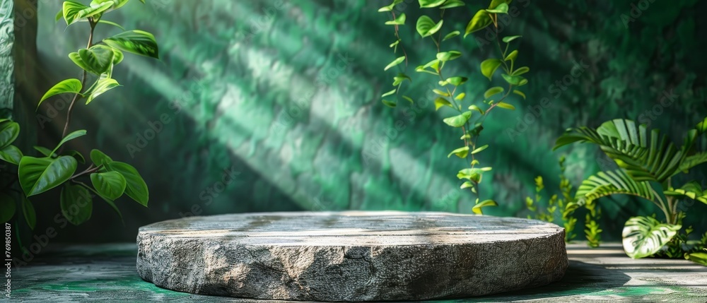 Poster the pedestal is made of natural stone and concrete on a natural green background for an empty show f