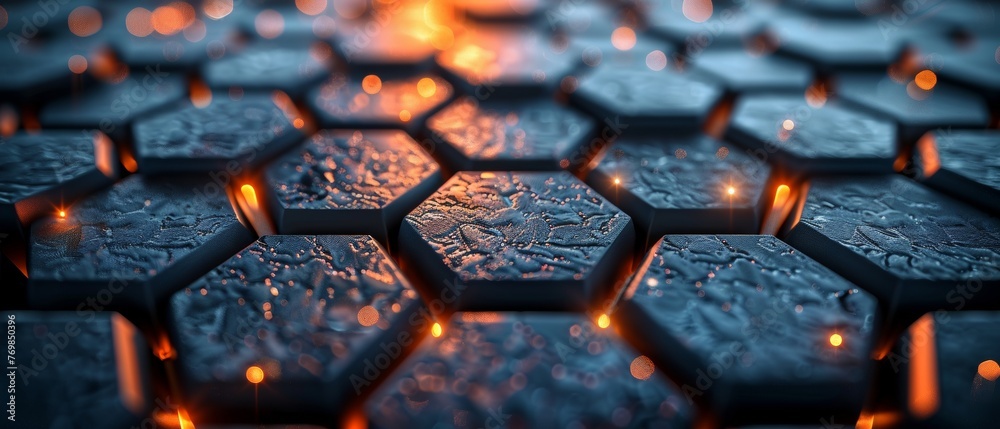Poster Three-dimensional rendering of a technological hexagonal background.