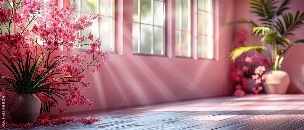 Poster Pink color gradient studio background for product presentation. Empty room with shadows of window, flowers and palm trees. 3D room with copy space. Summer concert. Blurred background.