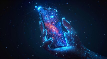 Obraz na płótnie Canvas Hand holding a phone, abstract low-poly wireframe technology illustration. Blue color with stars. Screen of the device and palm of the hand. Concept of gadgets and devices.