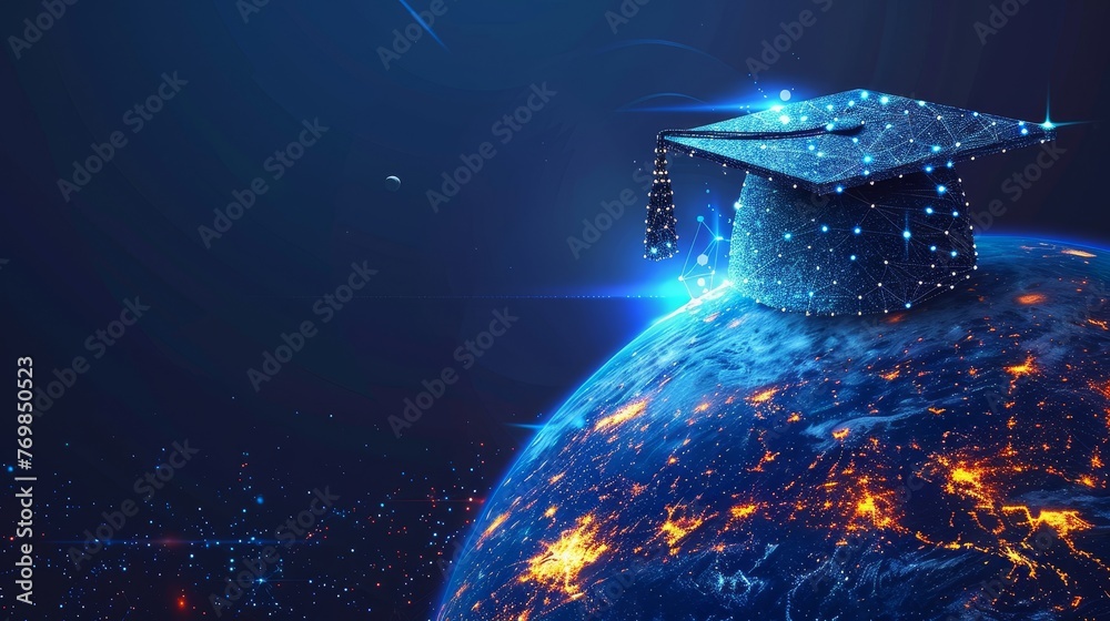 Poster An abstract polygonal abstract isolated on dark background. Earth graduation cap. Low poly wireframe style. Distance learning via the internet.