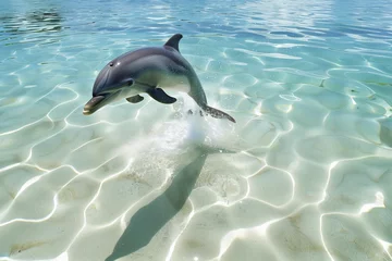 Schilderijen op glas high angle view of a dolphin jump in crystal clear waters © primopiano