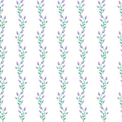 Hand drawn watercolor lavender wildflower seamless pattern isolated on white background. Can be used for textile, fabric and other printed products.