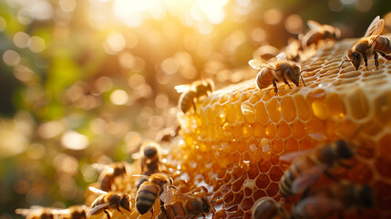 Bees On Honeycomb Background - obrazy, fototapety, plakaty