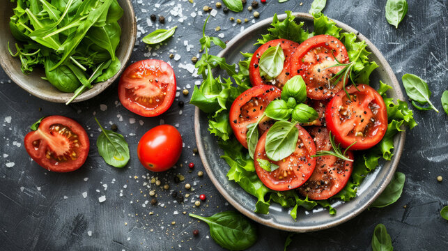 A plate of tomatoes and lettuce is on a table. The plate is full of tomatoes and lettuce, and there are some other vegetables on the table