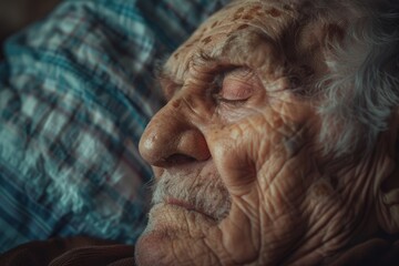Elderly man in close-up bed shot. Long-term and hospice care for elderly, rehabilitation - obrazy, fototapety, plakaty