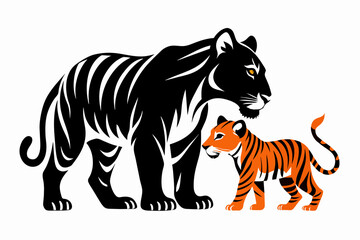 A baby tiger  and heh mother eating silhouette on white background