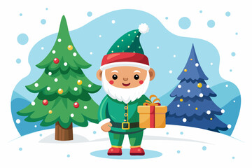 isolated on white clean background, cute smile young fat gnome on snowy January with gift with christ mas tree