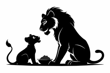 A Baby lion and heh mother  eating black silhouette on white background 