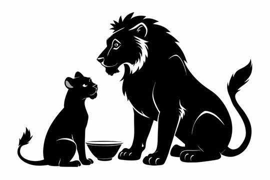 A Baby lion and heh mother  eating black silhouette on white background 