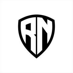 RN monogram logo with bold letters shield shape with black and white color design