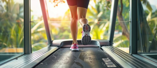 closeup woman jogging on a treadmill.