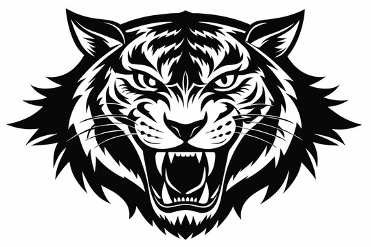 Angry tiger head black silhouette on white background