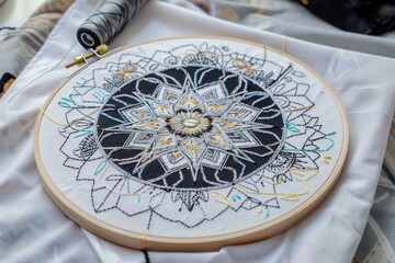 hoopmounted fabric with an intricate mandala being stitched - 769851595