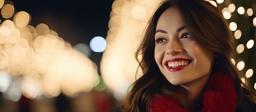 A woman in formal wear is happily smiling in front of a Christmas tree, wearing a red scarf and lipstick. Her joyful gesture shows she is pleased to be sharing in the festive event