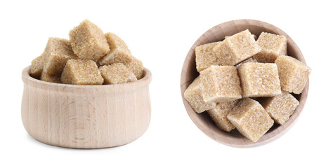 Brown sugar cubes in wooden bowl isolated on white, top and side views