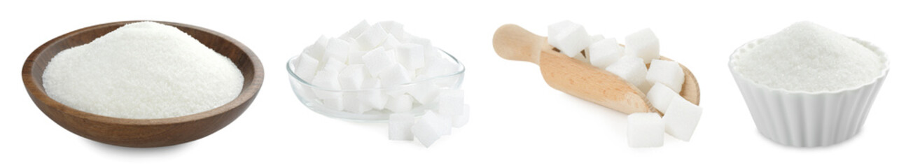 Sugar (granulated and cubes) isolated on white, set