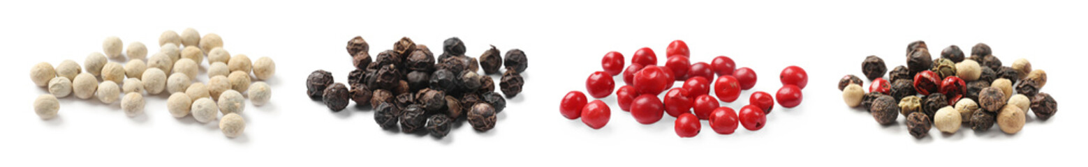 Aromatic spices. Different types of peppercorns isolated on white, set