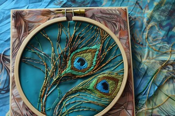 elaborate peacock feather design in a square embroidery hoop - 769851771