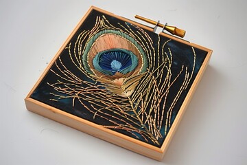 elaborate peacock feather design in a square embroidery hoop - 769851935