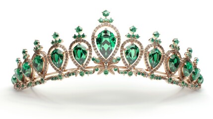 queen crown with royal green emeralds on white background