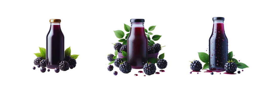 Set of bottles of Blackberry fruits juice illustration, isolated over on transparent white background