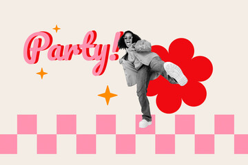 Composite collage image of playful american girl wear casual party time carefree rest relax leisure event isolated on painted background