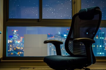 office chair turned towards window displaying night skyline - 769852162