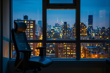 office chair turned towards window displaying night skyline