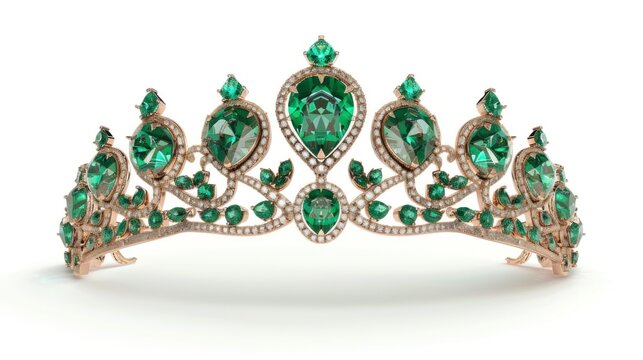 queen crown with real green emeralds on white background in high resolution and high quality