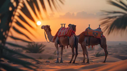 Tuinposter camels in the desert © Valeriia