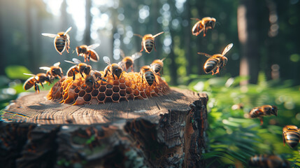 Bees On Honeycomb Background - obrazy, fototapety, plakaty