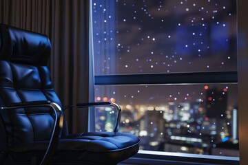 office chair turned towards window displaying night skyline - 769852330
