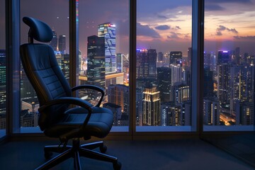 office chair turned towards window displaying night skyline - 769852389
