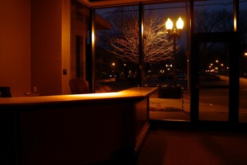 reception area, unlit desk, light from street lamp outside - 769852557