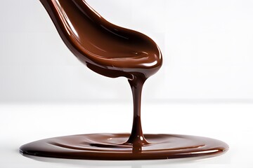 Melted hot chocolate pouring from spoon against a white background