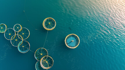 Aerial view of a fish farm in the open sea, the circular fish pens against the deep blue water, scale and sustainability of aquaculture. Drone shot. Copy space for text