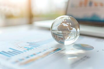 Glass Globe Resting on Financial Charts Symbolizing Global Business and Investment Trends