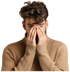 Fototapeta premium Man Covering Face With Hands. Transparent Background PNG
