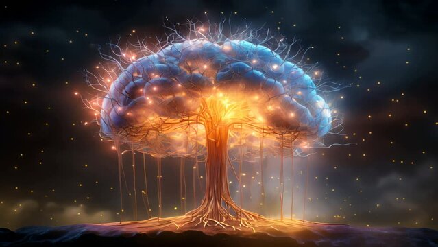 Artificial intelligence AI in Healthcare. AI role in neurology and mental health. Human brain illuminated by AI algorithms, with digital neural networks and code