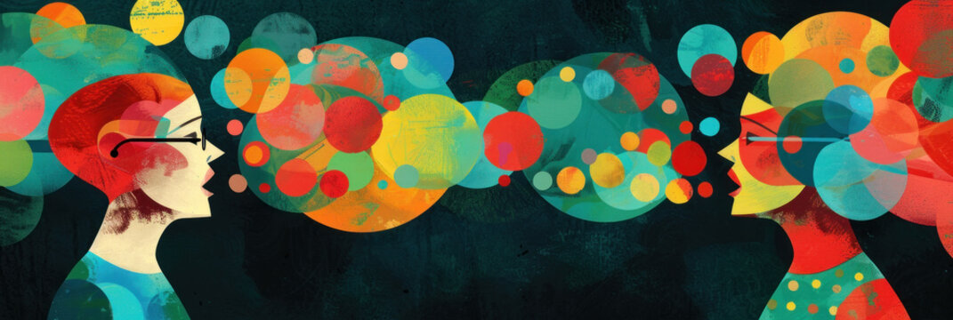 Two stylized figures engage in a vibrant exchange illustrated by overlapping colorful speech bubbles