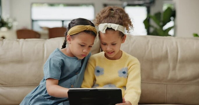 Children, tablet and siblings on sofa for cartoon, search or remote e learning app, sign up or streaming at home. Digital, family and girl kids in living room for online, gaming or Netflix and chill