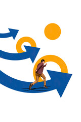 Fototapeta premium Vertical collage image of businessman back run arrow career trader promotion success hurry clerk aim isolated on painted background
