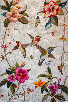 A tapestry where hummingbirds dart between flowers