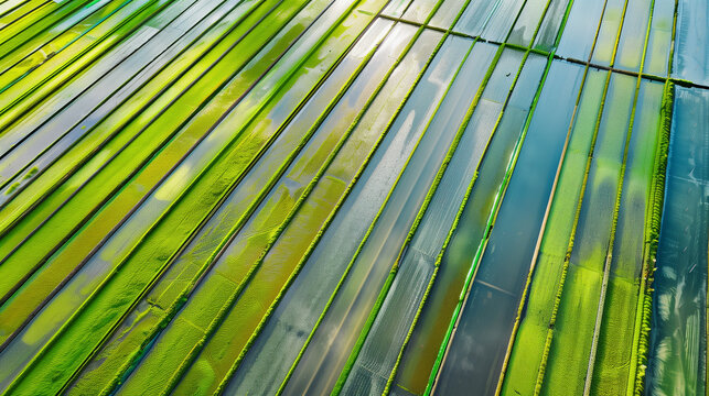  Vast open air algae farm under the bright sun, rows of shallow raceway ponds glistening in the light, sustainable farming practice, drone shot. Copy space for text